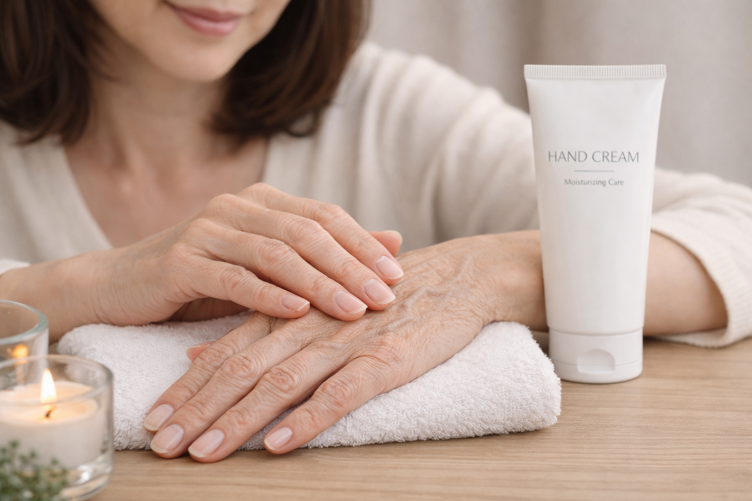 手の血管浮きが気になる女性がハンドクリームを塗っている様子